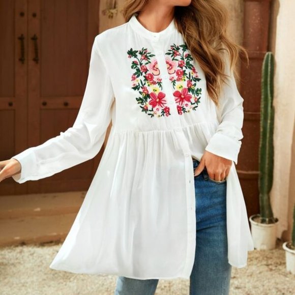 undefined Tops - BOHO Flower Embroidery Peplum Blouse